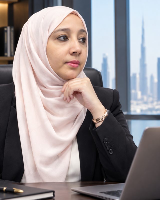 Ms. Afreen Ahmad, Founder and Chief Executive Officer of Aizaa Management Consultancy, at her desk in the Dubai office