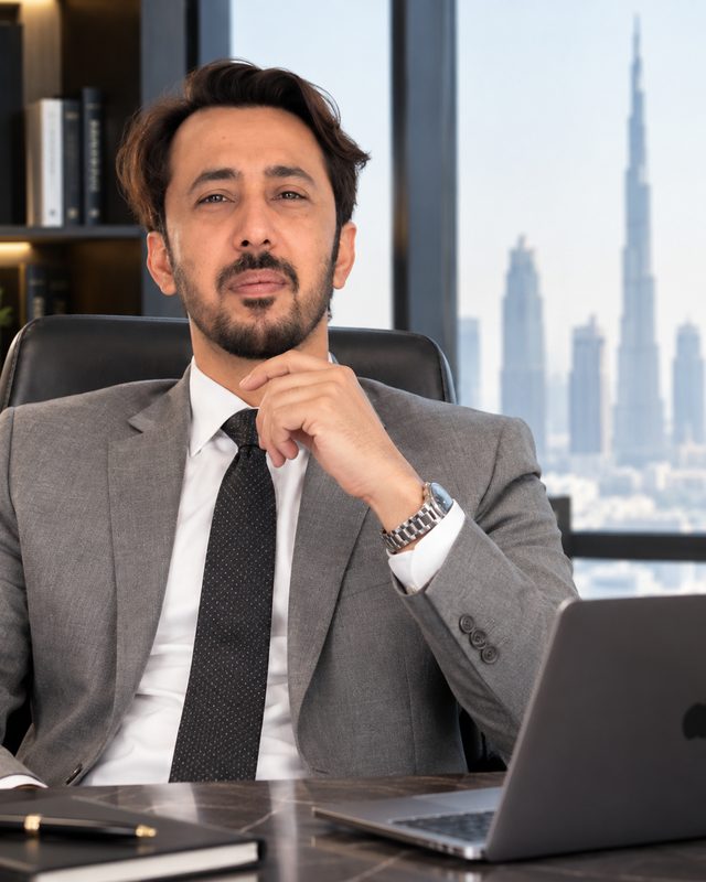 Tabish Ahmed, Senior Manager at Aizaa Management Consultancy, at his desk in the Dubai office
